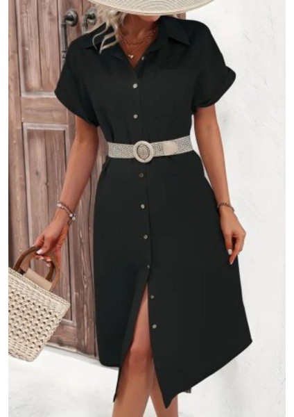 Gömlek Yaka Düğmeli Kısa Kollu Midi Elbise - Siyah fiyatları