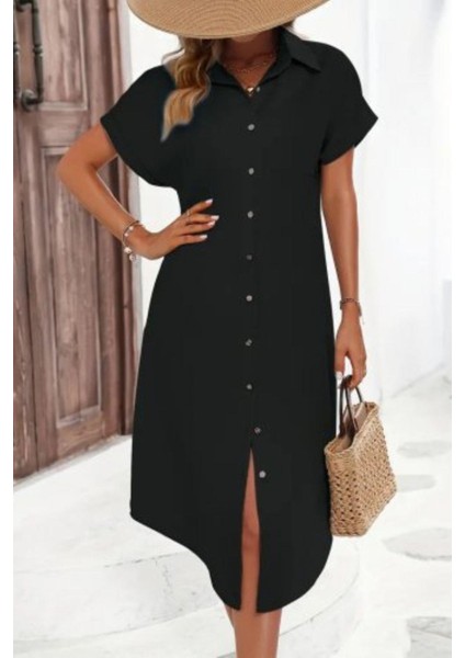 Gömlek Yaka Düğmeli Kısa Kollu Midi Elbise - Siyah modelleri