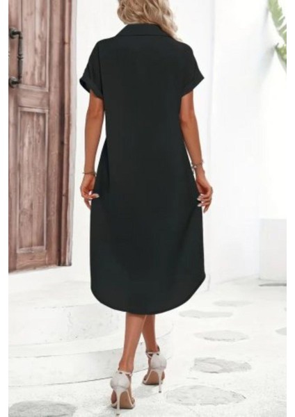 Gömlek Yaka Düğmeli Kısa Kollu Midi Elbise - Siyah fırsatları