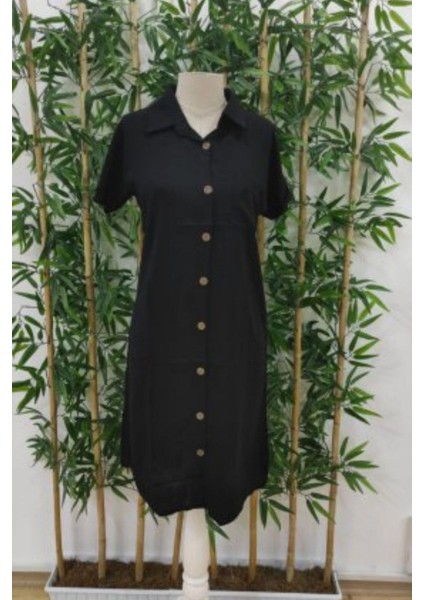 Gömlek Yaka Düğmeli Kısa Kollu Midi Elbise - Siyah indirimleri