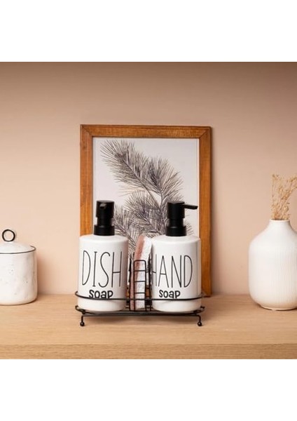 2&apos;li Sıvı Sabunluk ve Bulaşık Deterjanlık Seti, 500 Ml, Metal Stand ve Sünger Tutuculu, Siyah-Beyaz (Siyah)