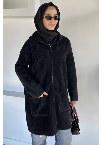 Ön Gold Fermuarlı Kapüşonlu Çift Cepli Tesettür Triko Ceket P-00019299