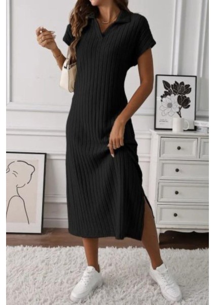 Polo Yaka Yırtmaç Detaylı Fitilli Elbise - Siyah