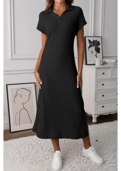 Polo Yaka Yırtmaç Detaylı Fitilli Elbise - Siyah fiyatları