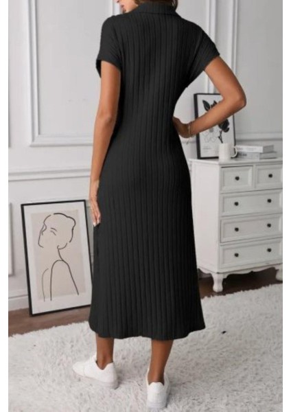 Polo Yaka Yırtmaç Detaylı Fitilli Elbise - Siyah modelleri