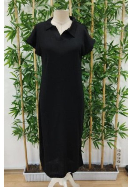 Polo Yaka Yırtmaç Detaylı Fitilli Elbise - Siyah fırsatları