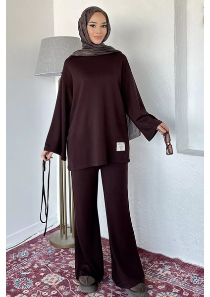 Amblem Detaylı Tunik Bel Lastikli Pantolon Tesettür Ikili Takım P-00019262