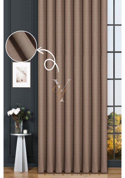 Keten Fon Perde V-4009 Açık Kahve