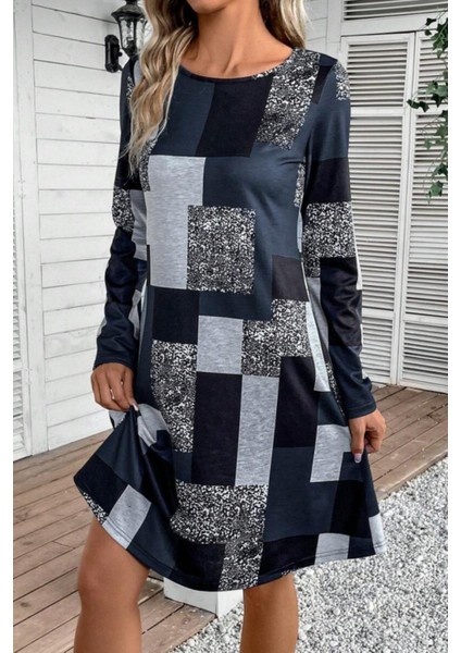 Yuvarlak Yaka Geometrik Desenli Süprem Elbise - Desenli fiyatları