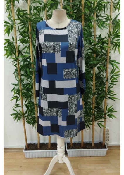 Yuvarlak Yaka Geometrik Desenli Süprem Elbise - Desenli modelleri