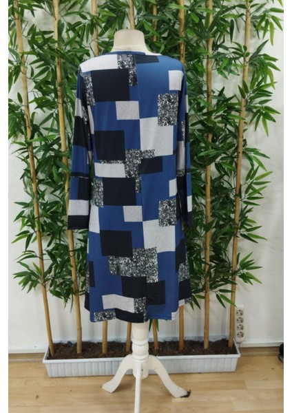 Yuvarlak Yaka Geometrik Desenli Süprem Elbise - Desenli fırsatları