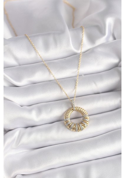316L Çelik Gold Renk Zincir Gümüş Zirkon Taşlı Daire Model Kadın Kolye - TJ-BKO9481 fiyatları