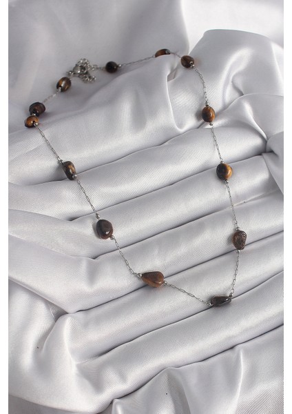 316L Çelik Gümüş Renk Zincir Kahverengi Doğaltaş Model Kadın Kolye - TJ-BKO9662 fiyatları