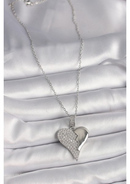 316L Çelik Gümüş Renk Zincir Zirkon Taşlı Kırık Kalp Model Kadın Kolye - TJ-BKO9756 fiyatları