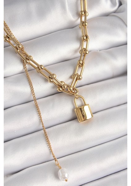 316L Çelik Gold Renk Tiffany Zincir Model Kilit Figür Sallantı İnci Detay Kadın Kolye - TJ-BKO9938