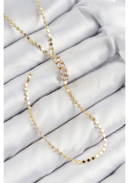 Pirinç Zirkon Taşlı Ezme Zincirli Model Gold Renk Y Kolye - TJ-BKO10465