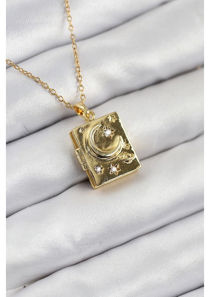 316L Çelik Zirkon Taşlı Açılabilr Kapaklı Kitap Model Gold Renk Kadın Kolye - TJ-BKO10515