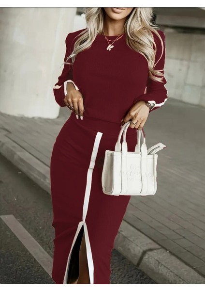 Aknbutik Kadın Uzun Kollu Bisiklet Yaka Kaşkorse Bluz ve Yırtmaçlı Etek Ikili Takım