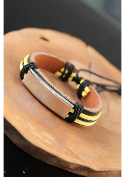 Metal Aksesuarlı Sarı Siyah Renk Deri Erkek Bileklik - TJ-EB2531-KS
