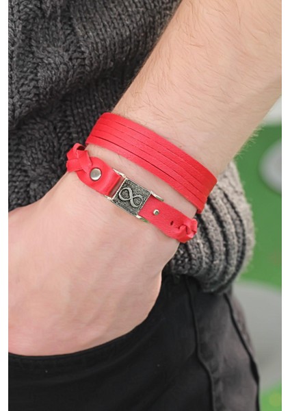 Desenli Metal Aksesuarlı Kırmızı Renk Deri Erkek Bileklik Kombin - TJ-EB2804 fiyatları