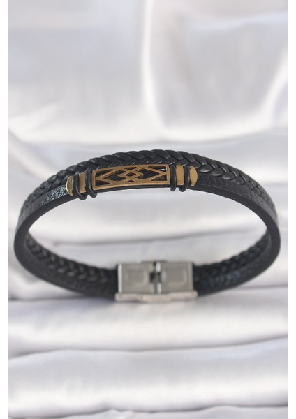 316L Çelik Gold Renk Aksesuarlı Çift Sıra Siyah Burgu Desenli Deri Kordon Erkek Bileklik - TJ-EB3710