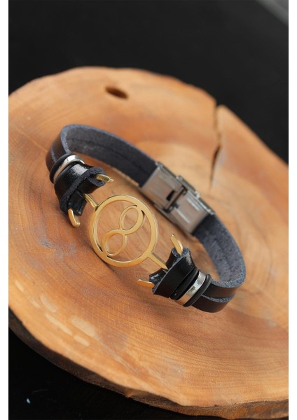 Gold Renk Sonsuzluklu Metal Aksesuarlı Siyah Renk Deri Erkek Bileklik - TJ-EB2541-KS