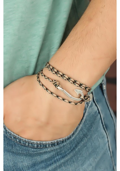 Krem Renk Çizgi Desenli Metal Kancalı Erkek Bileklik - TJ-EB2244-KS