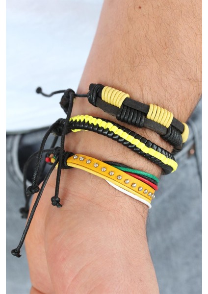 Sarı Renk Zımbalı Deri Erkek Bileklik Kombini - TJ-EB1342 fiyatları