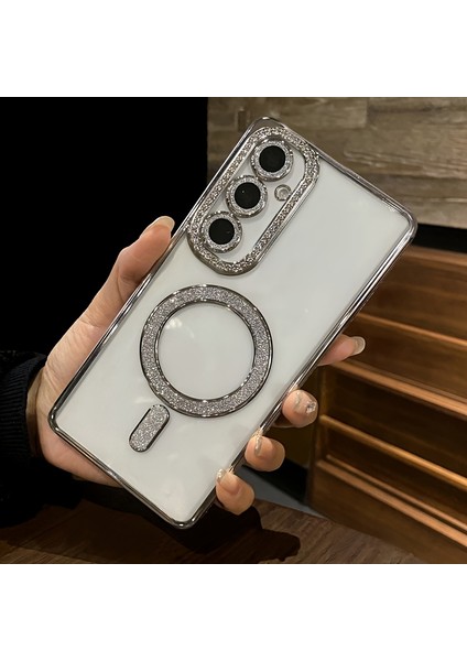 Samsung Galaxy S24 Fe Uyumlu Şeffaf Taşlı Magsafe Özellikli Kılıf