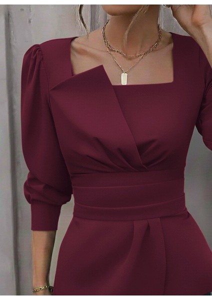 Kadın Uzun Kollu Geometrik Yakalı Belden Oturmalı Ithal Krep Bluz fiyatları