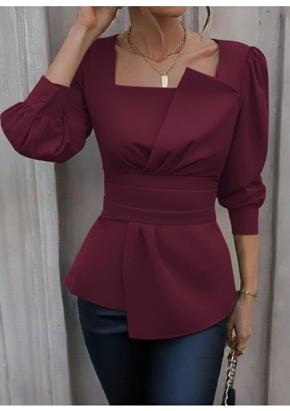 Kadın Uzun Kollu Geometrik Yakalı Belden Oturmalı Ithal Krep Bluz modelleri