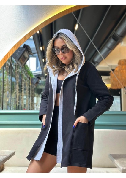 Kadın Uzun Kollu Kapşonlu Çift Renkli Şardonlu Iki Iplik Ceket