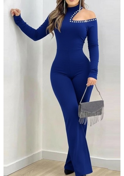 Kadın Tek Omuzdan Açık Balıkçı Yaka Taş Detaylı Uzun Ithal Krep Tulum