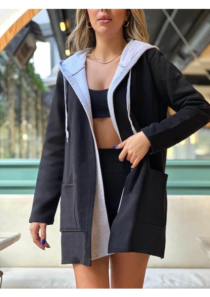 Kadın Uzun Kollu Kapşonlu Çift Renkli Şardonlu Iki Iplik Ceket