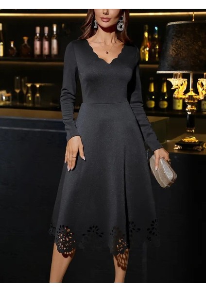 Kadın Uzun Kollu V Yakalı Lazer Kesim Detaylı Midi Ithal Krep Elbise fiyatları