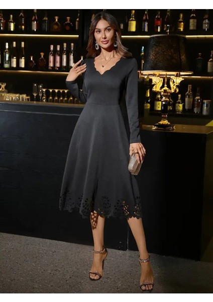 Kadın Uzun Kollu V Yakalı Lazer Kesim Detaylı Midi Ithal Krep Elbise modelleri