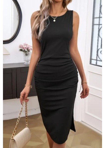 Yırtmaçlı Bel Büzgülü Midi Krep Elbise Siyah