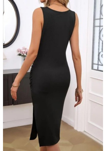 Yırtmaçlı Bel Büzgülü Midi Krep Elbise Siyah modelleri