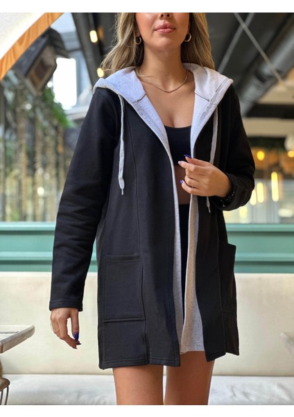 Kadın Uzun Kollu Kapşonlu Çift Renkli Şardonlu Iki Iplik Ceket