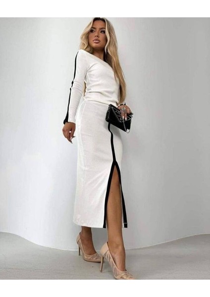 Aknbutik Kadın Uzun Kollu Bisiklet Yaka Kaşkorse Bluz ve Yırtmaçlı Etek Ikili Takım