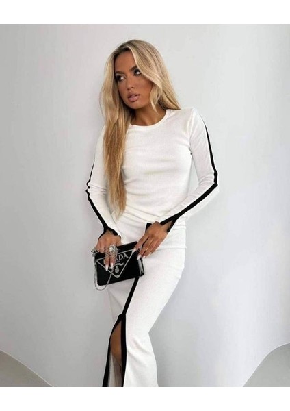 Aknbutik Kadın Uzun Kollu Bisiklet Yaka Kaşkorse Bluz ve Yırtmaçlı Etek Ikili Takım fiyatları