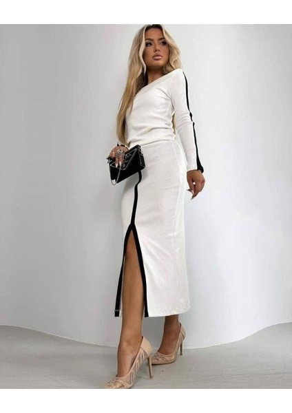 Aknbutik Kadın Uzun Kollu Bisiklet Yaka Kaşkorse Bluz ve Yırtmaçlı Etek Ikili Takım modelleri