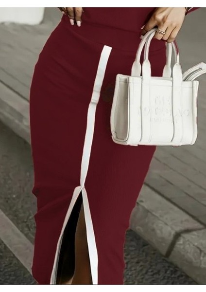 Kadın Uzun Kollu Bisiklet Yaka Kaşkorse Bluz ve Yırtmaçlı Etek Ikili Takım modelleri