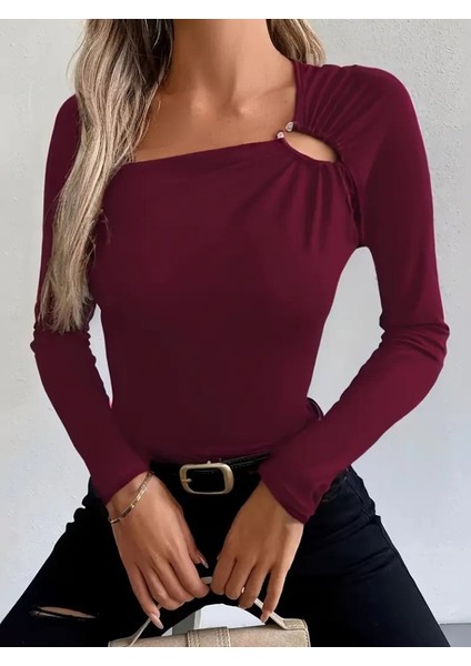 Kadın Uzun Kollu Yakadan Halka Detaylı Viskon Bluz