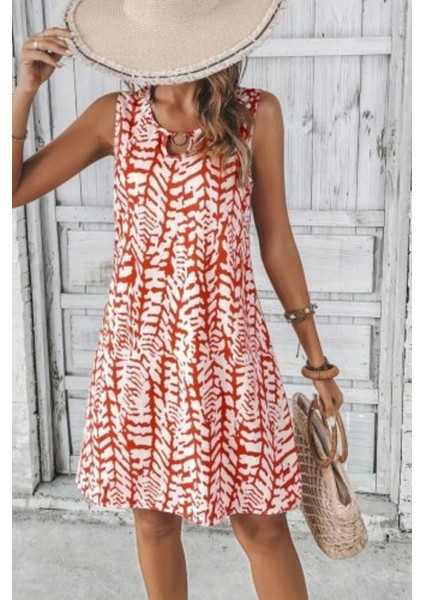 Kolsuz Halka Detaylı Desenli Bürümcük Elbise - Turuncu