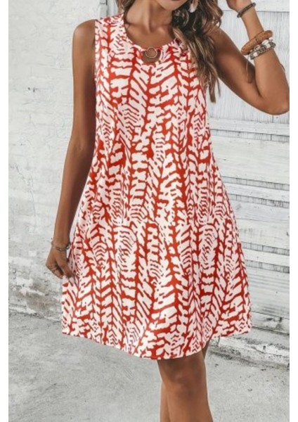 Kolsuz Halka Detaylı Desenli Bürümcük Elbise - Turuncu fiyatları