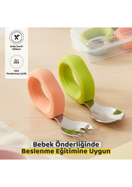 Bebek Çatal Kaşık Seti, Paslanmaz Çelik, Silikon Saplı, Pudra Yeşil
