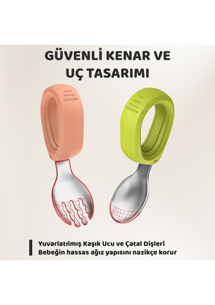 Bebek Çatal Kaşık Seti, Paslanmaz Çelik, Silikon Saplı, Pudra Yeşil modelleri