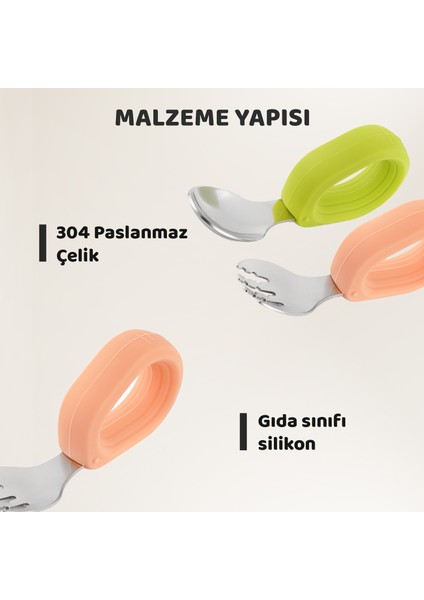 Bebek Çatal Kaşık Seti, Paslanmaz Çelik, Silikon Saplı, Pudra Yeşil fırsatları