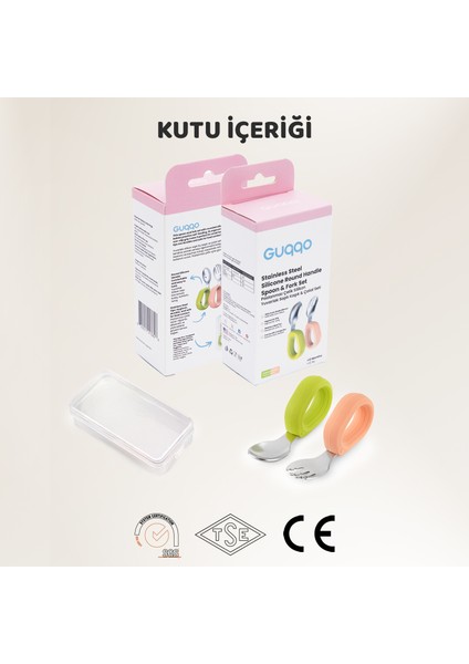 Bebek Çatal Kaşık Seti, Paslanmaz Çelik, Silikon Saplı, Pudra Yeşil